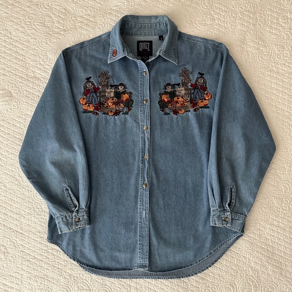 Quizz Women’s Vintage Denim Button Down Shirt Fall Pumpkin Harvest Embroidered - Picture 10 of 10